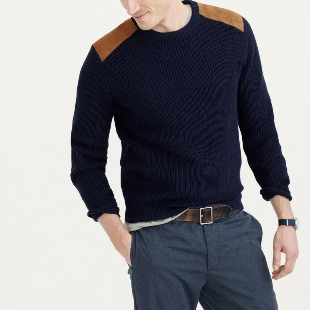 J. Crew Mens Woodsmen Ribbed Sweater Size L Long Sleeve Suede Shoulder Pullover